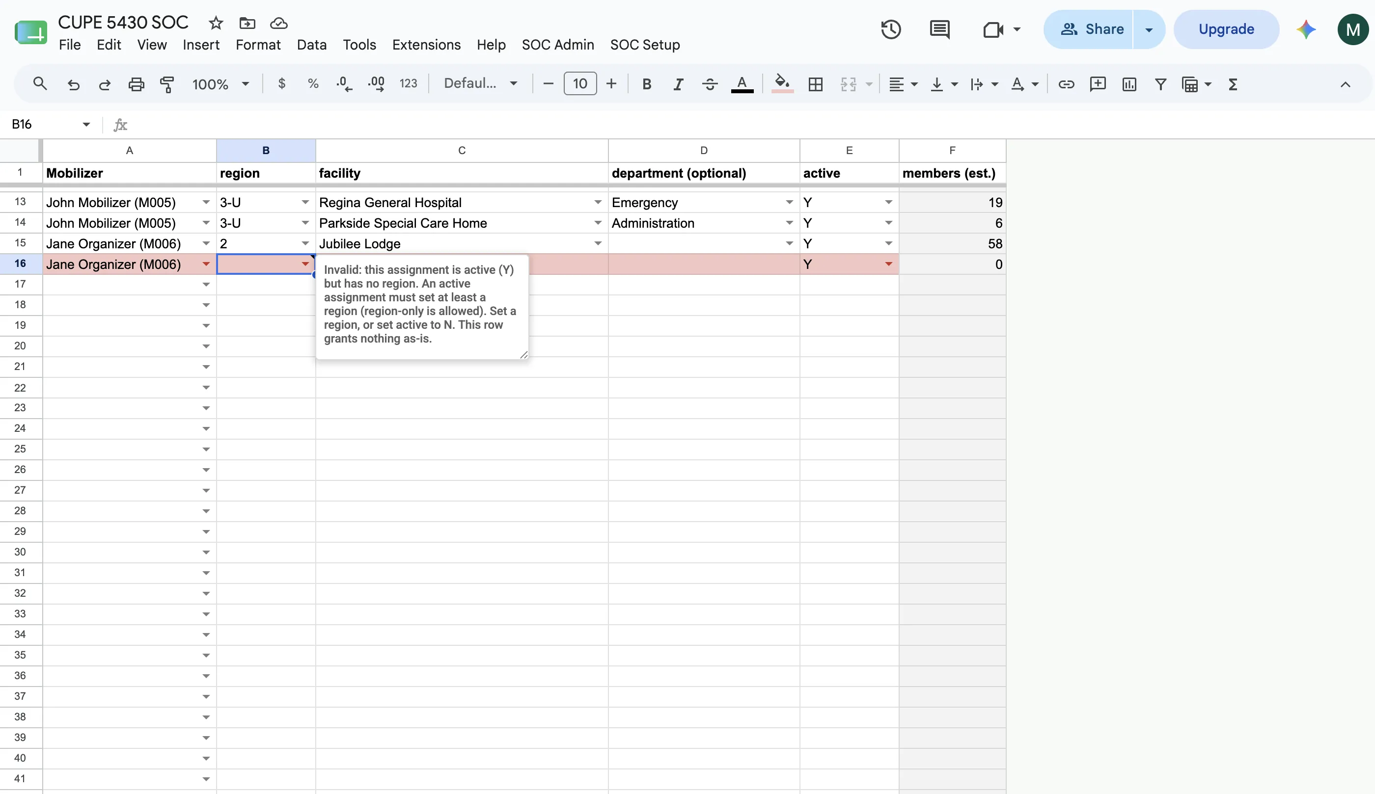 The Assignments tab with valid grants and one red invalid row whose hover text explains the problem