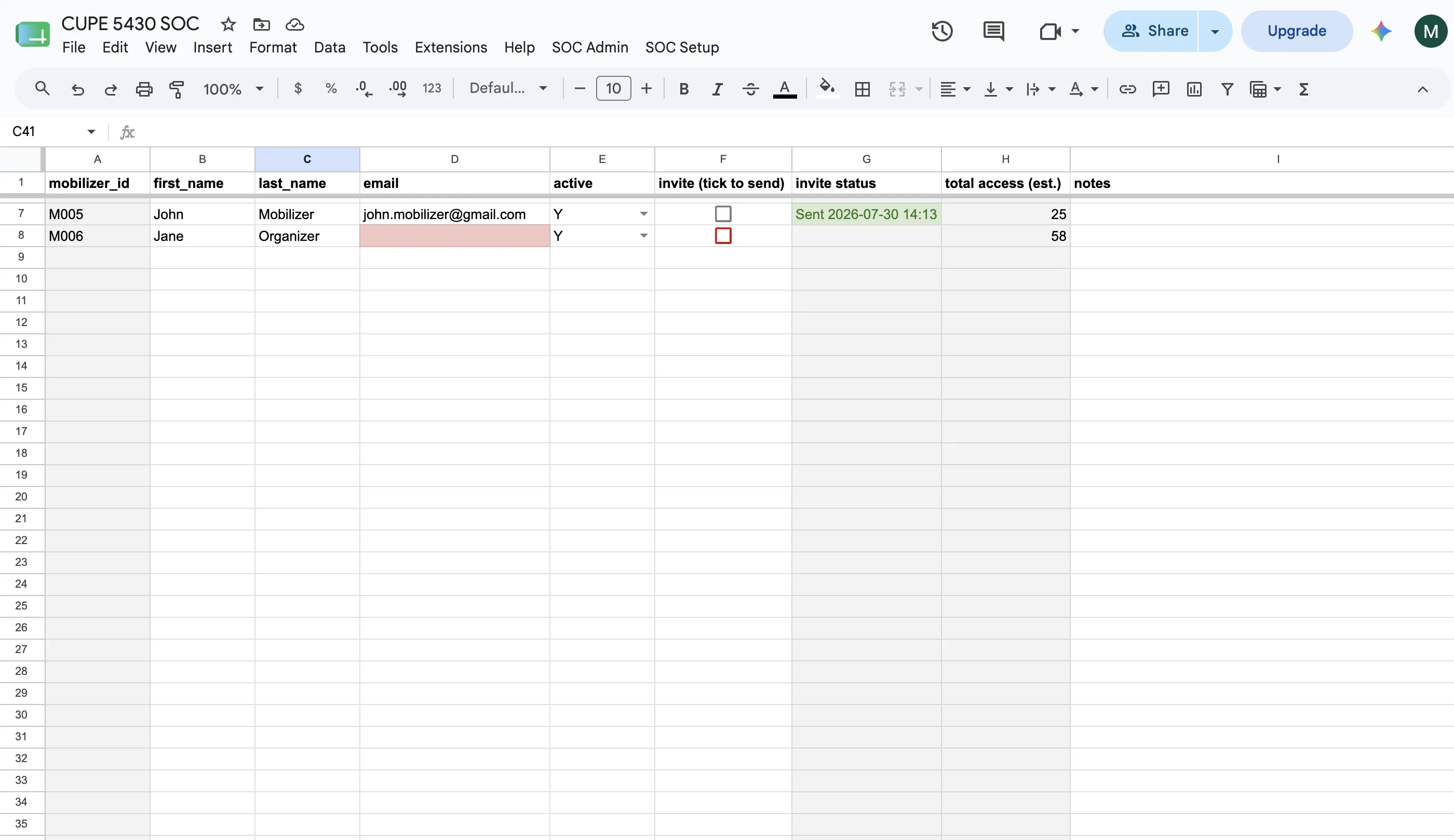 The Mobilizers tab with two practice rows: one sent invite with a green status, one row flagged red for a missing email