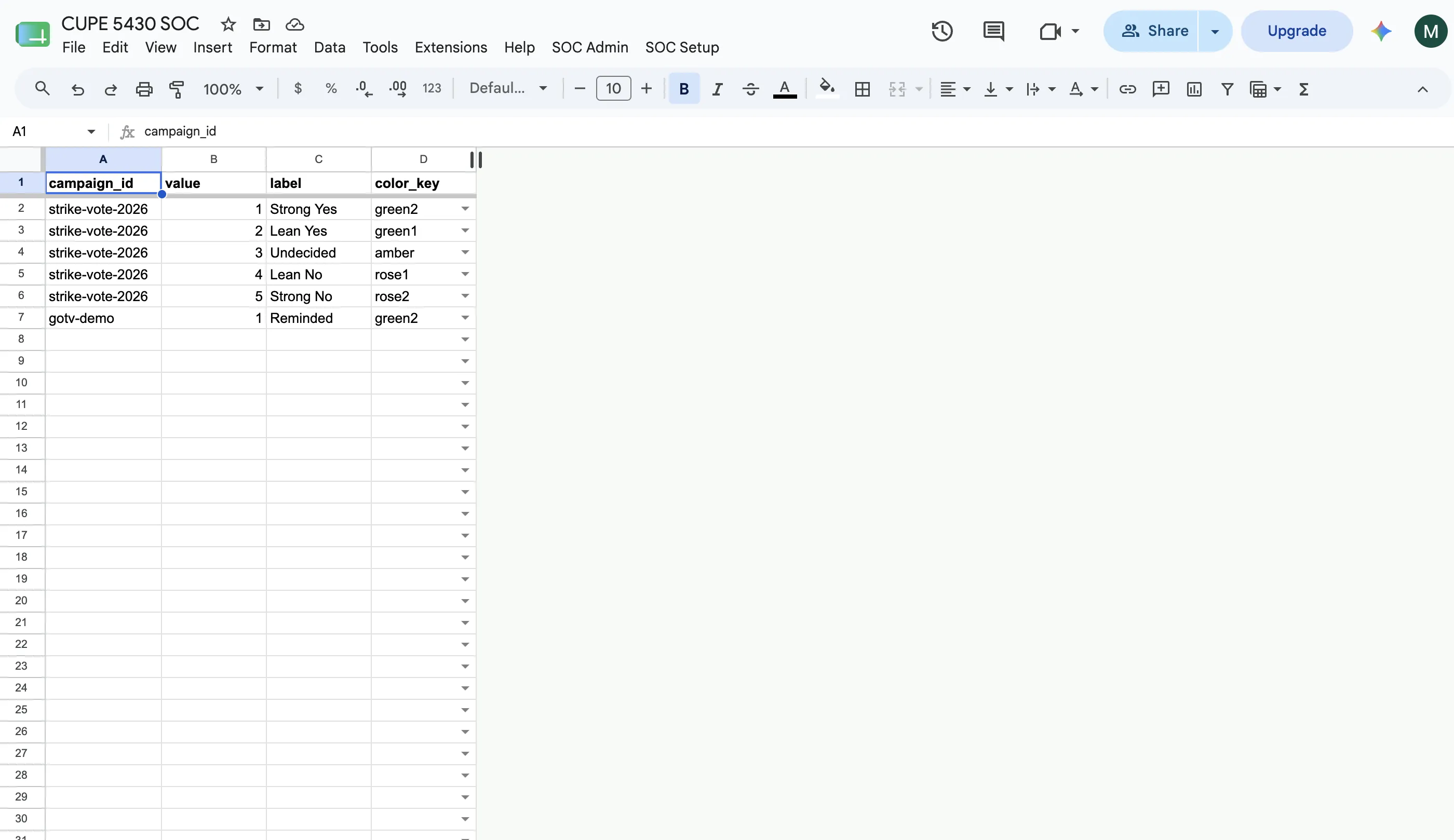 The ScoreLabels tab: five answer rows for the assessment campaign and one Reminded row for GOTV