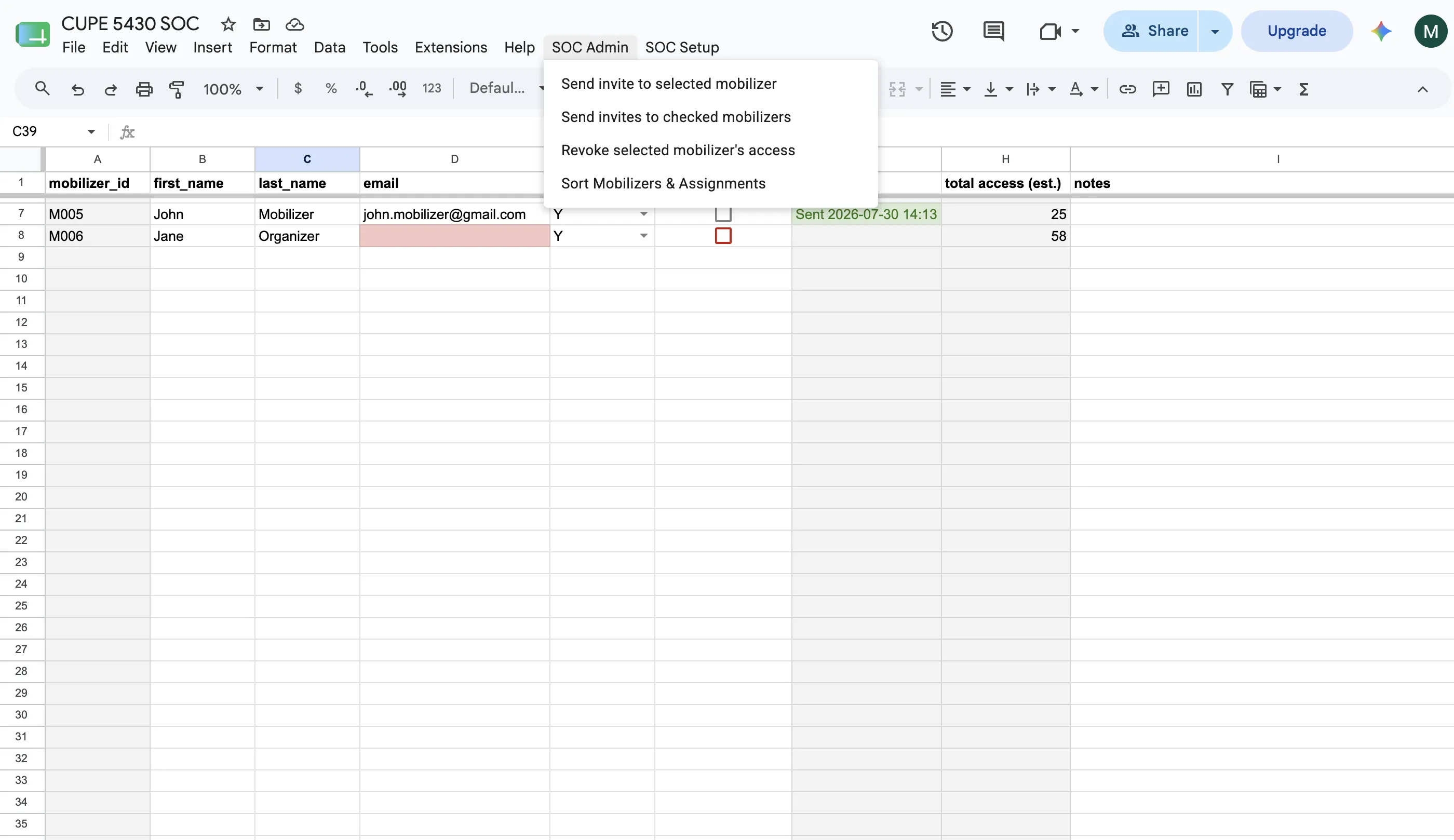 The SOC Admin menu open, showing its four items