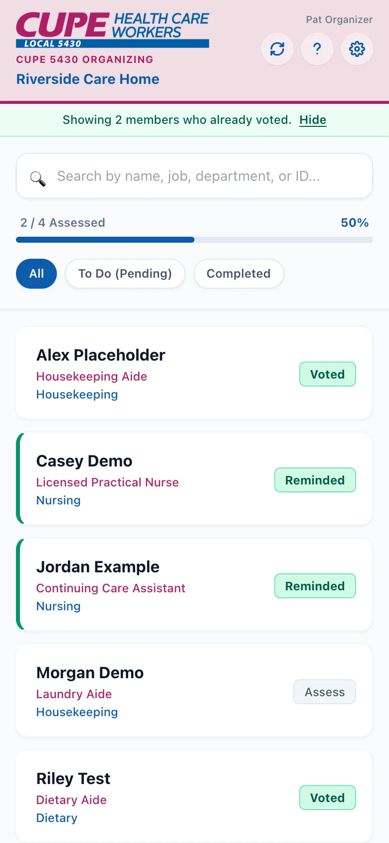 The same list with voted members shown, each carrying a Voted pill