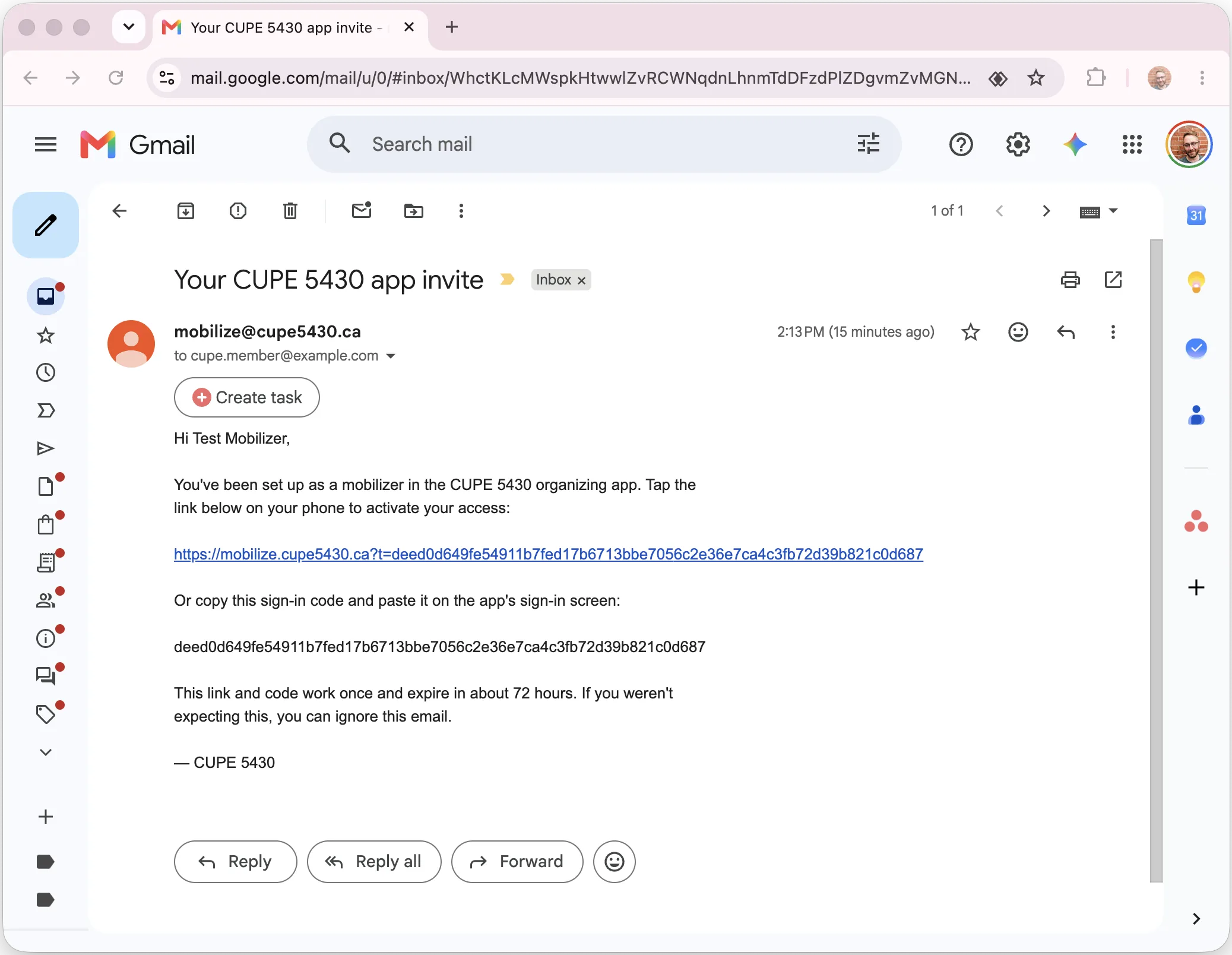 The sign-in email as it appears in a desktop inbox
