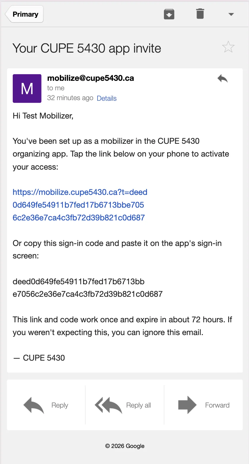 The sign-in email as it appears on a phone