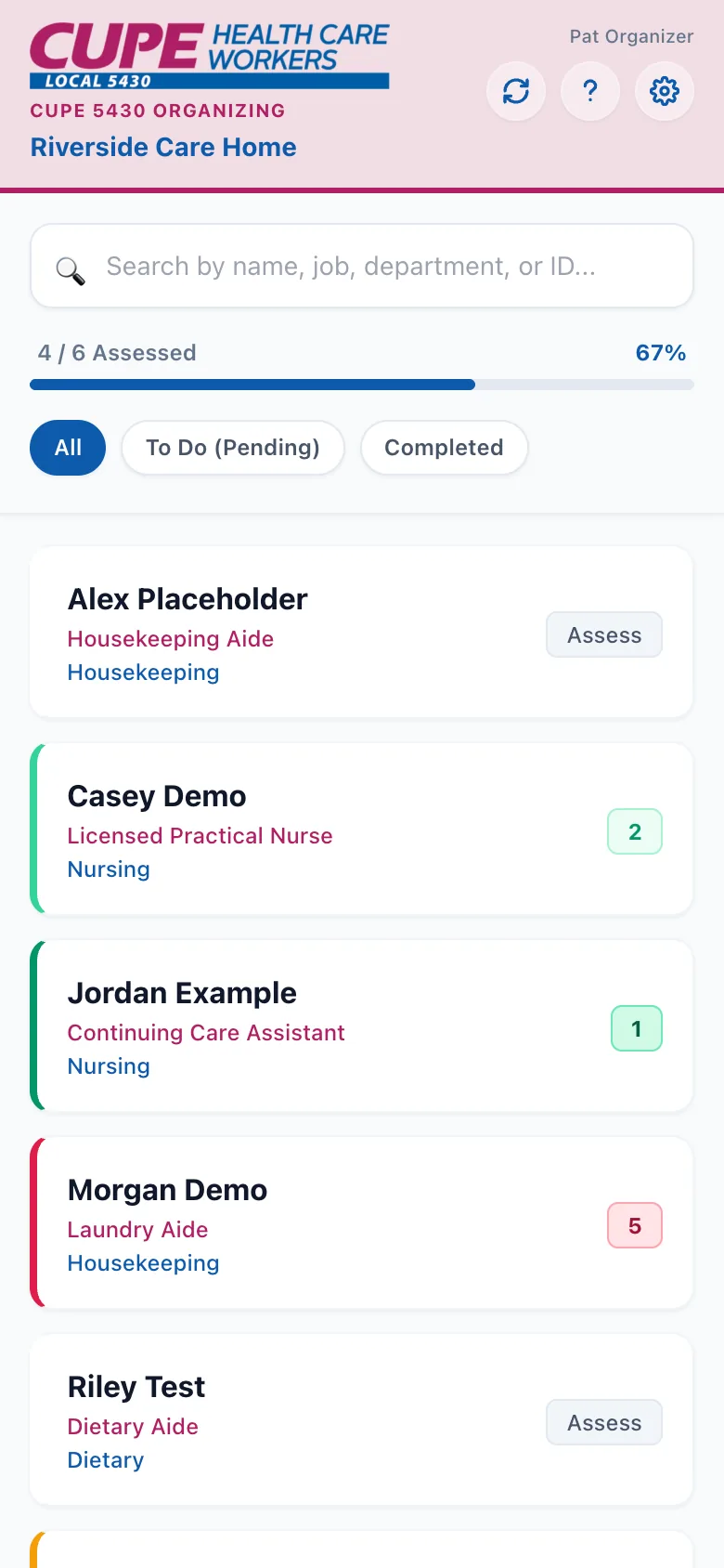The member list with progress bar, filters and member cards