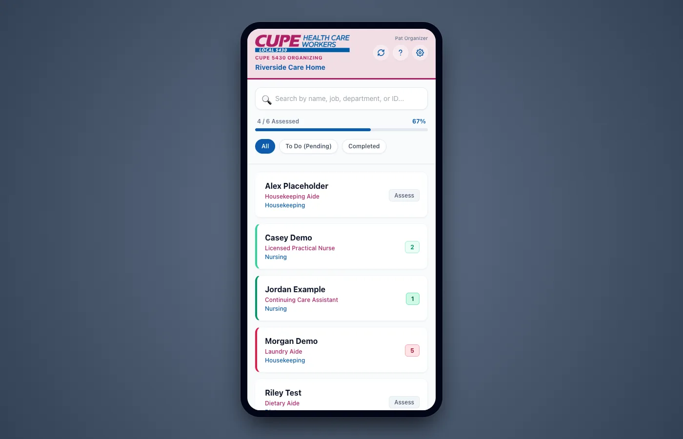 The app running on a desktop browser, shown inside a phone-shaped frame