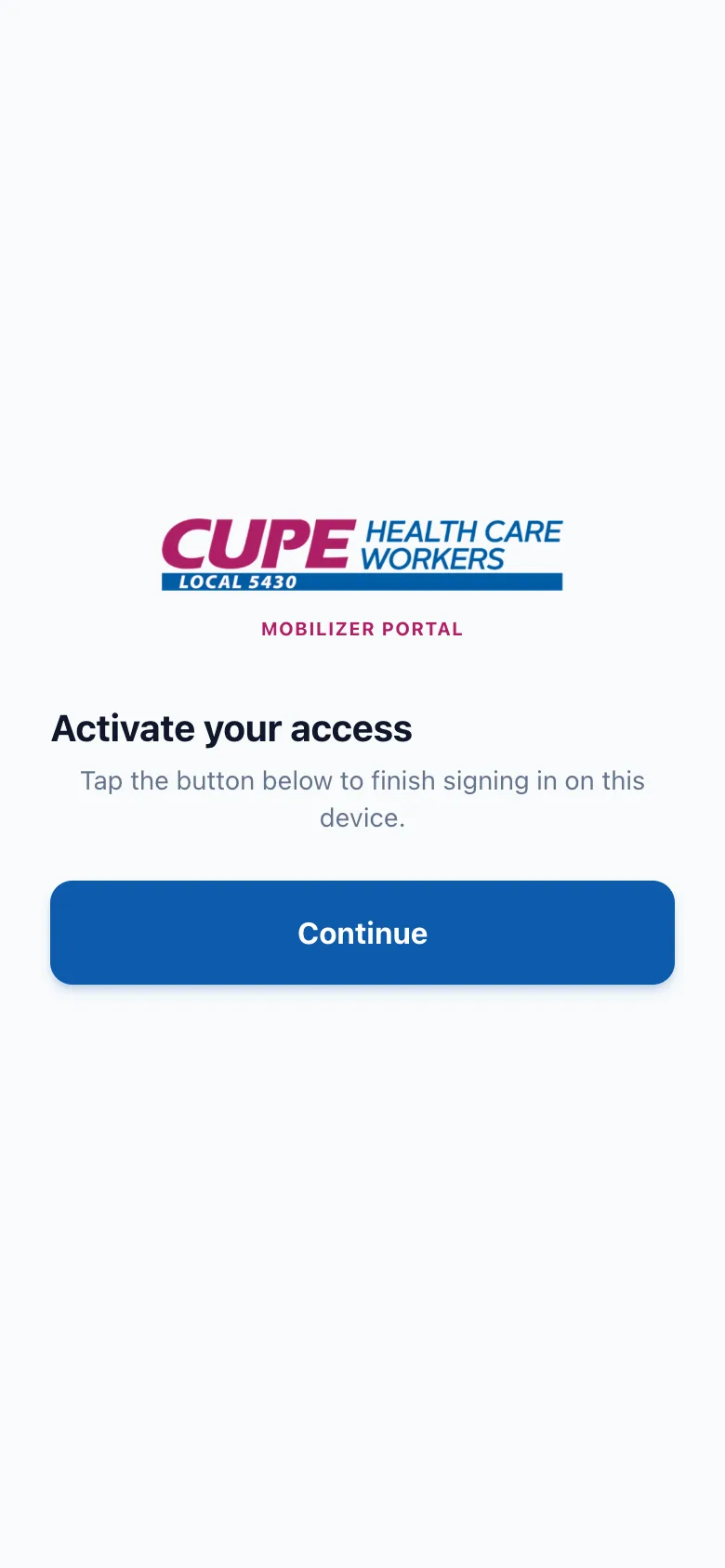 The activation screen with a Continue button