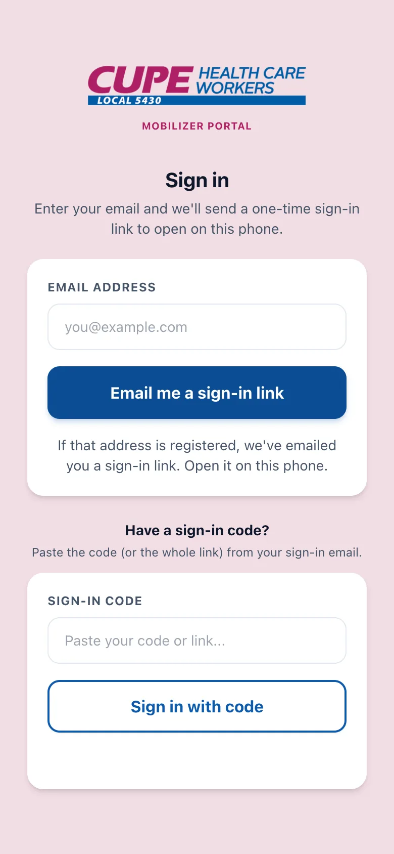The sign-in screen confirming a link has been emailed