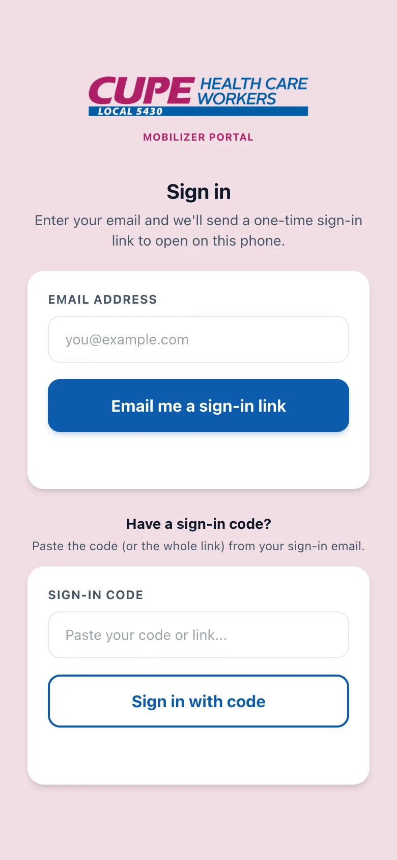 The sign-in screen with an email address field