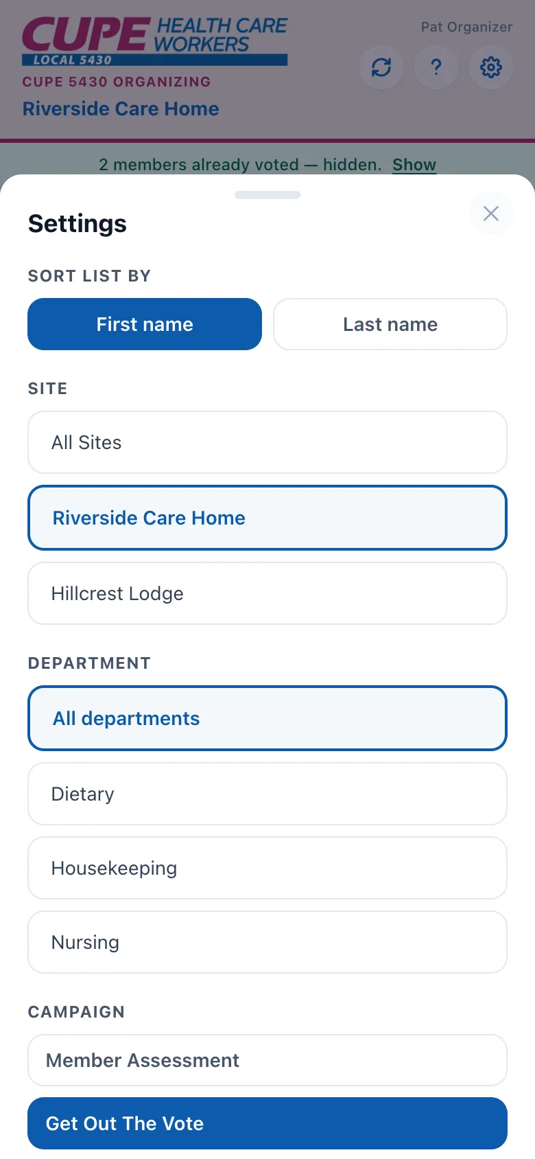 The campaign picker at the bottom of settings with two campaigns