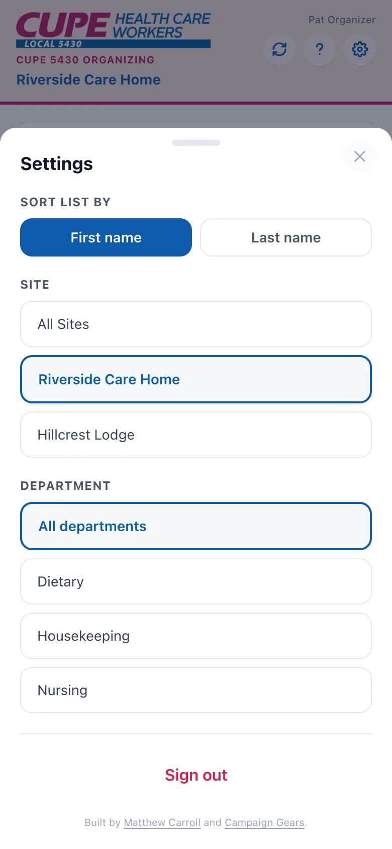 Settings with site and department pickers
