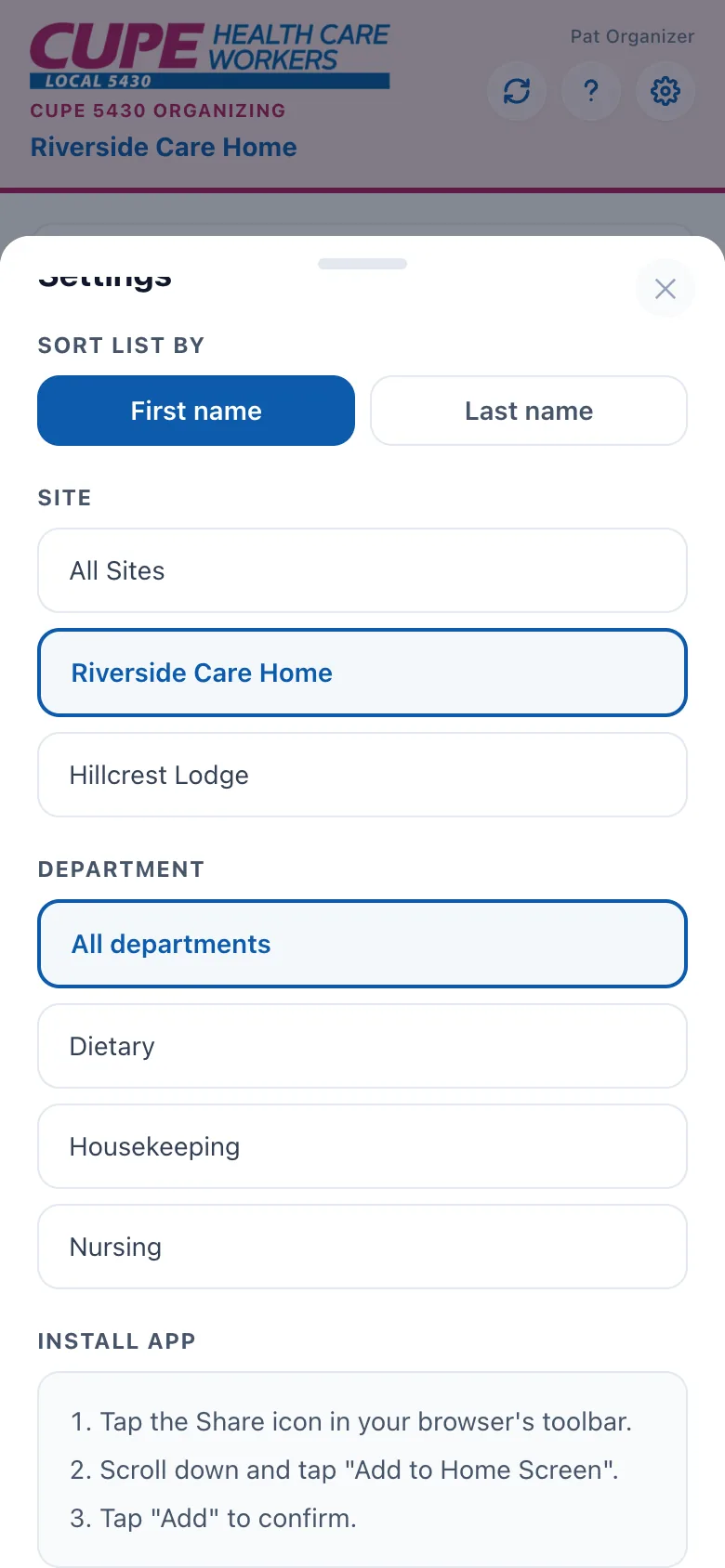 Settings showing the iPhone Add to Home Screen instructions