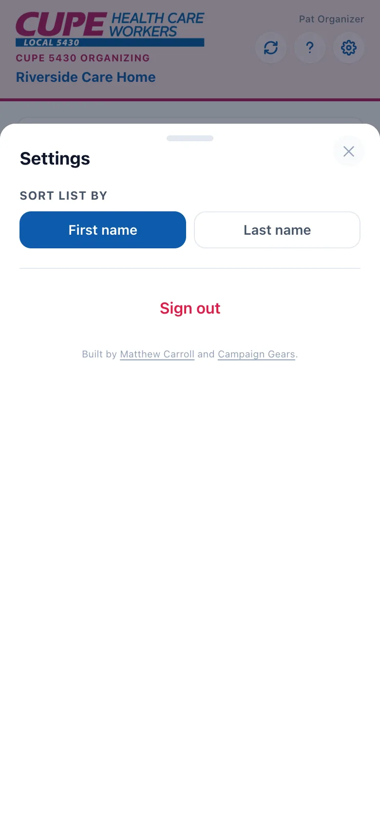 Settings with only the sort preference and sign out
