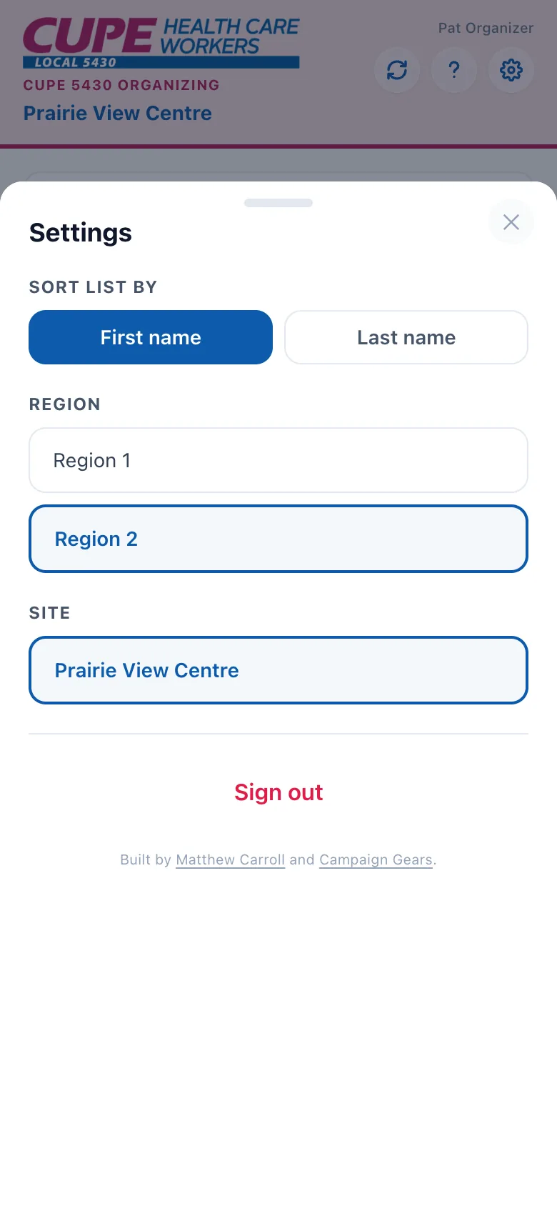 Settings with a region picker and a single-facility region selected